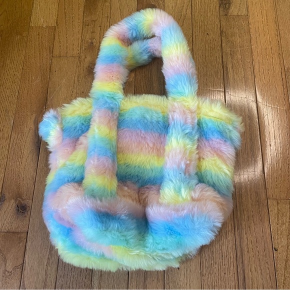 FUZZY FUR PASTEL RAINBOW STRIPED TOTE BAG TRENDY RAVER CYBER - Picture 2 of 4